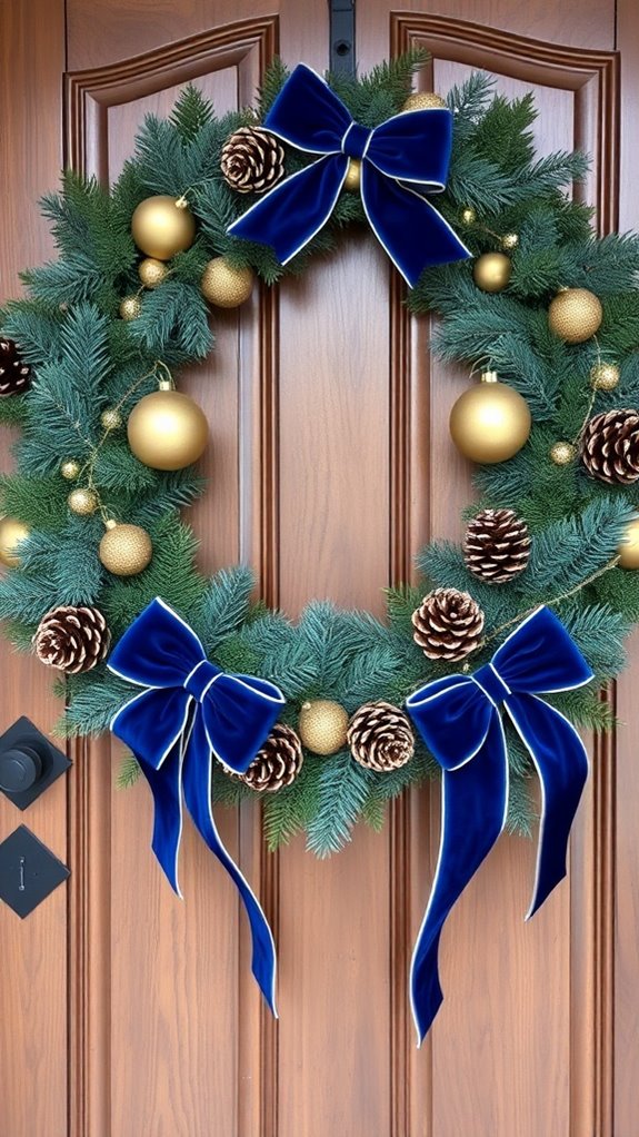 blue and gold wreath decorations