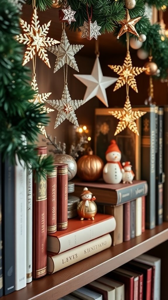 festive bookshelf ornament decorating