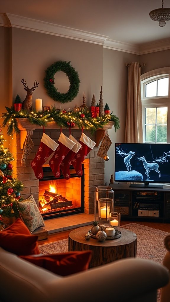 festive fireplace and tv decor