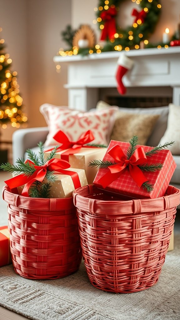 festive gift wrapping with baskets