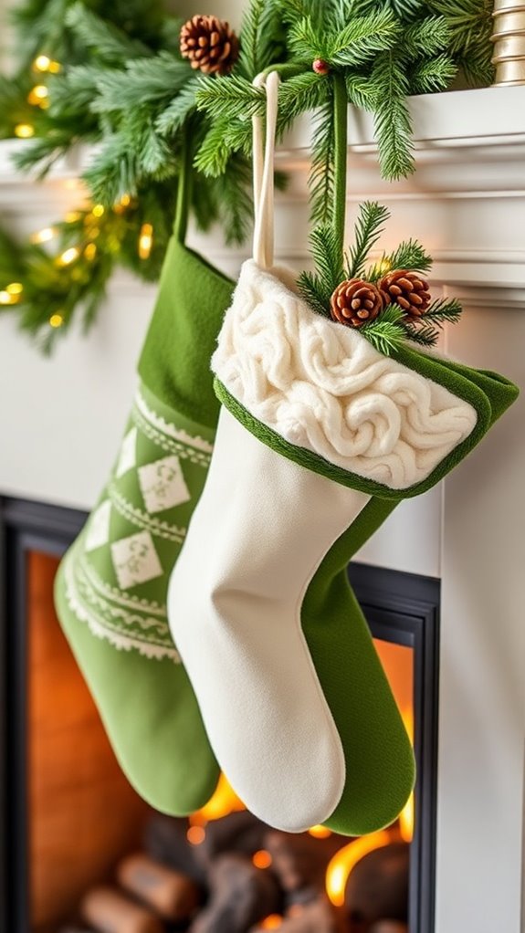 festive green and white stockings