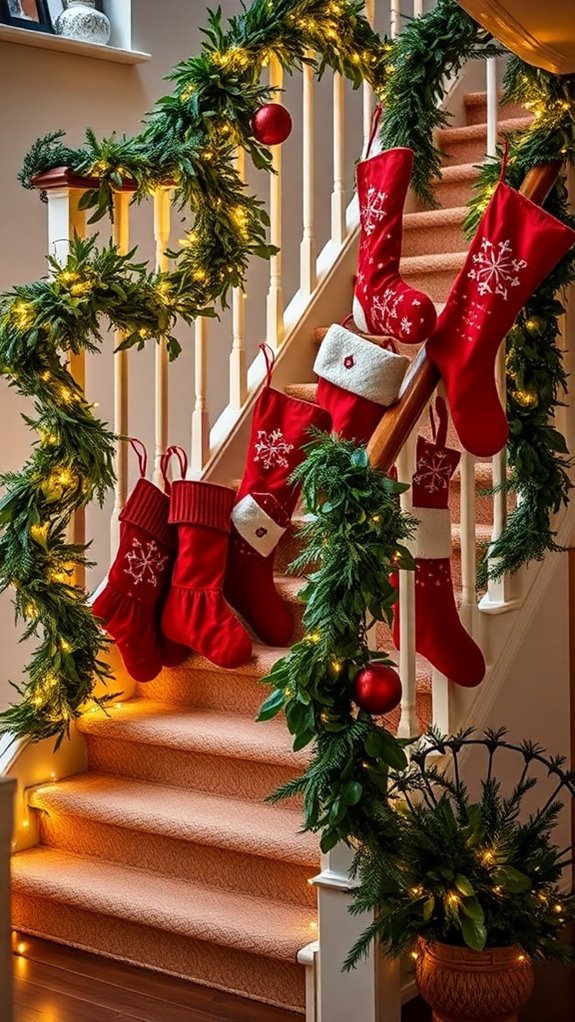 festive staircase stocking display