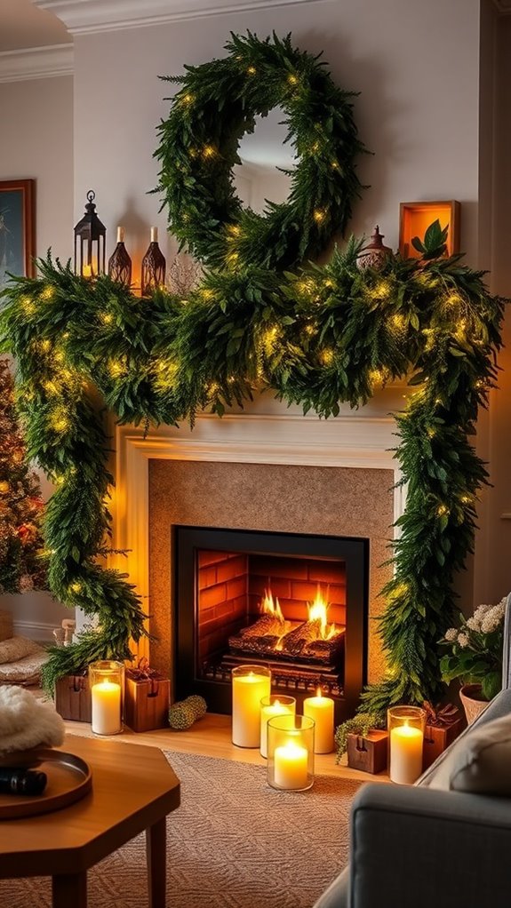 garland wrapped fireplace decor
