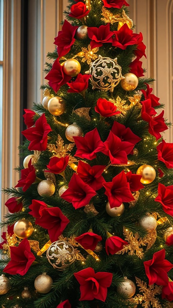 gold accents with red blooms