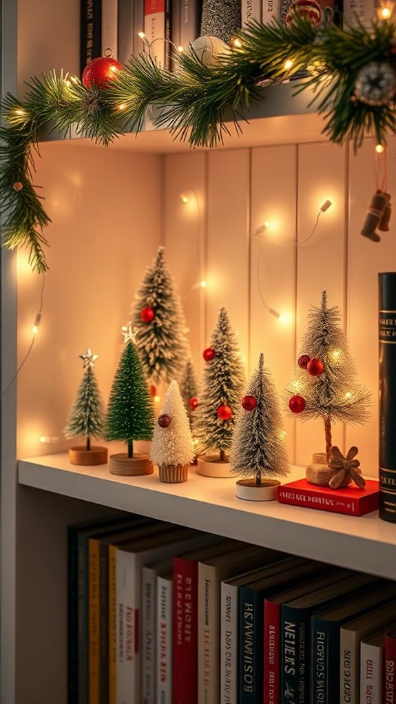 miniature trees enhance bookshelves