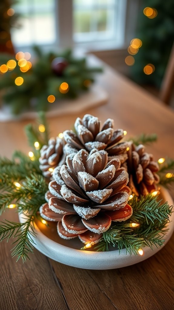 snowy pinecone holiday decor