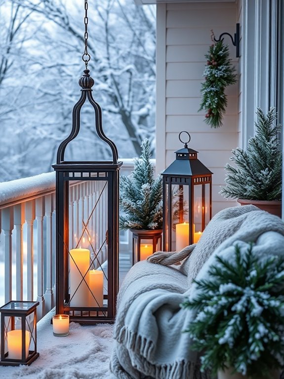 cozy winter balcony lanterns