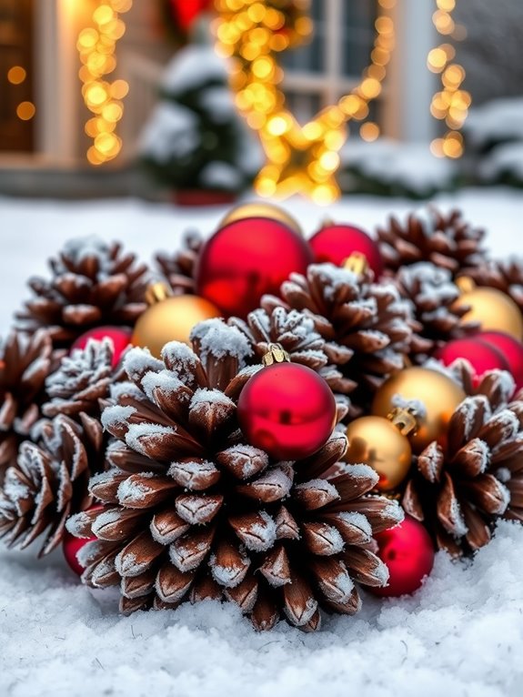 frosted pinecones and ornaments