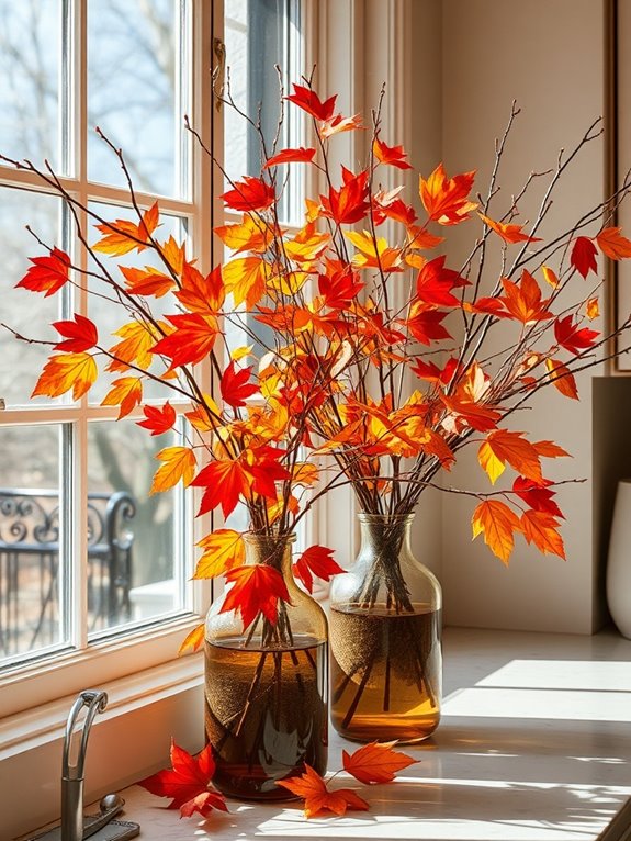 vibrant leaves in mason jar